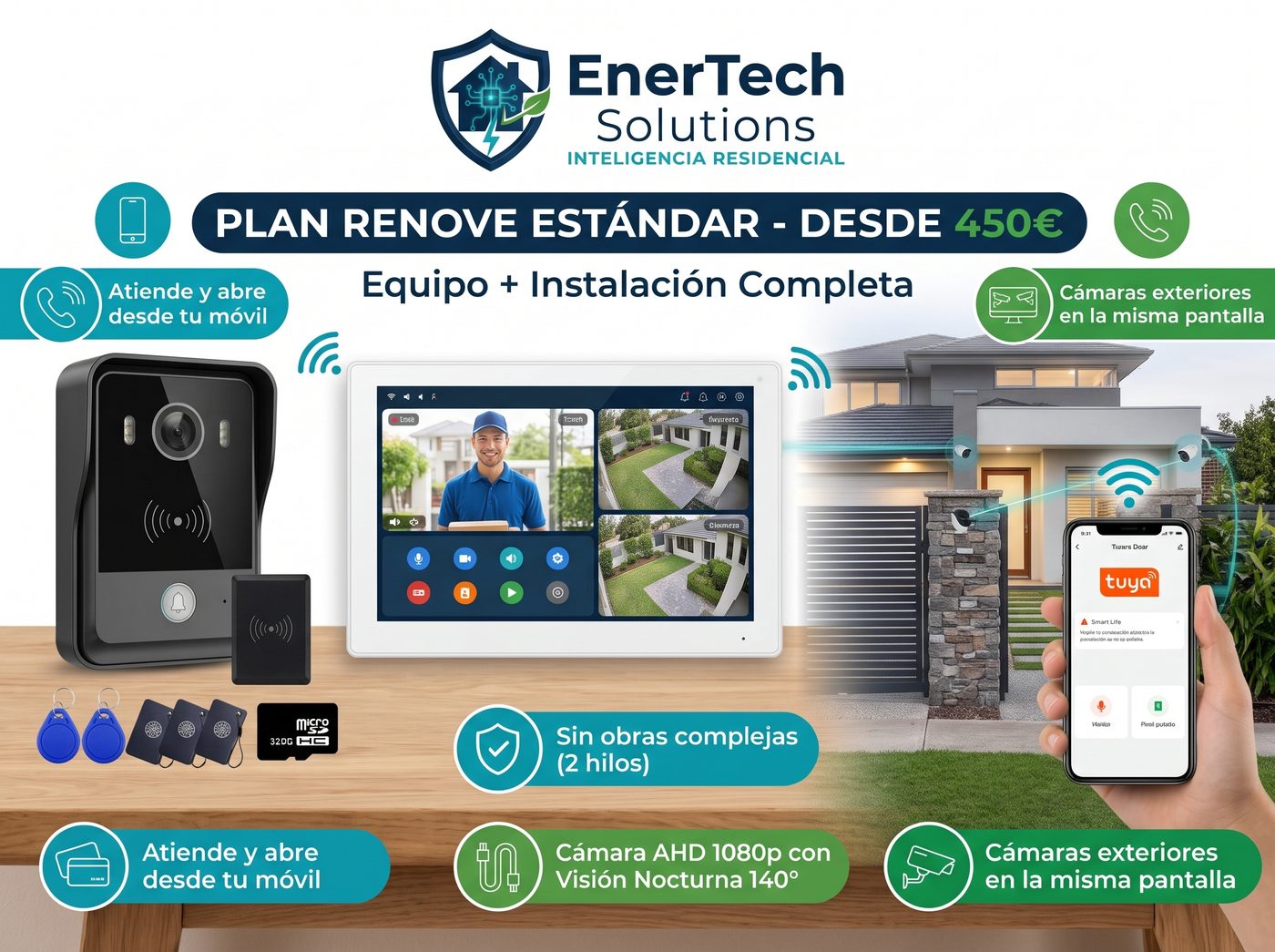 Kit de videoportero digital con monitor táctil, placa exterior y app Smart Life