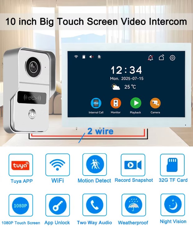 Videoportero de 2 hilos con placa plateada y monitor táctil blanco de 10 pulgadas