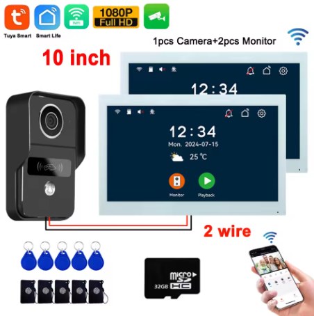 Kit con placa exterior negra y dos monitores blancos de 10 pulgadas