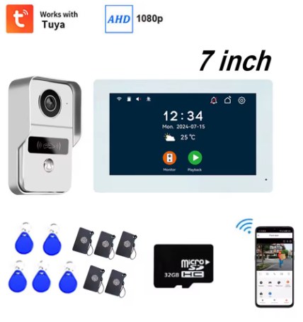Kit videoportero de 2 hilos con placa exterior plateada y monitor táctil blanco de 7 pulgadas